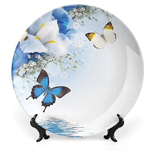 XISUNYA 8 Inch Decorative Plate, Floral Dinner Plate, Wild Flowers with Monarch Butterflies Lily Zen Spa Art Print Ceramic Wall Hanging for Home & Office Wall Hanging Decor
