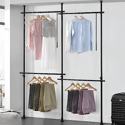 [en.casa] Teleskop garderobssystem Kemi med 4 klädstänger för spänning garderobsställ svart klädställ teleskopstång justerbar 150–230 cm metall