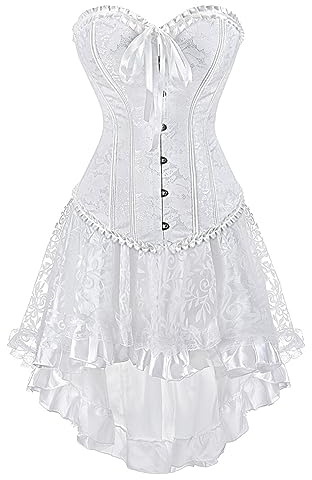Grebrafan Steampunk Corset with Skirt Renaissance Boned Corsets Bustiers for Women (UK(4-6) XS, White)