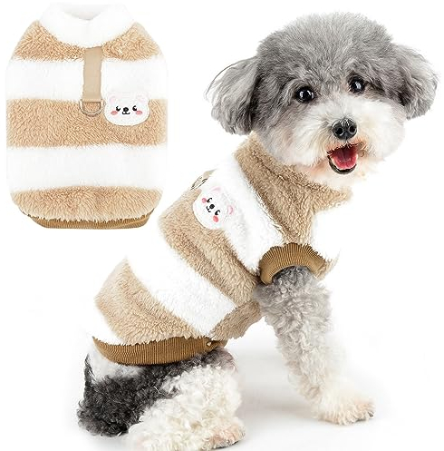 Zunea Hundepullover für Kleine Hunde Katze Fuzzy Sherpa Fleece Hundemäntel Gestreift Winterjacke Mantel mit D-Ring Weich Warm Pullover Weste Welpenkleidung Kaltes Wetter Haustier Chihuahua Braun S