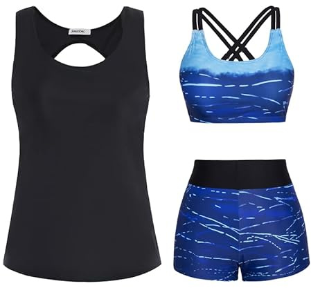 JASAMBAC, tankini da donna in 3 pezzi con effetto pancia piatta, top bikini push-up e shorts da bagno a vita alta, semplice abbigliamento da bagno, costume da bagno sportivo da donna, costume da bagno