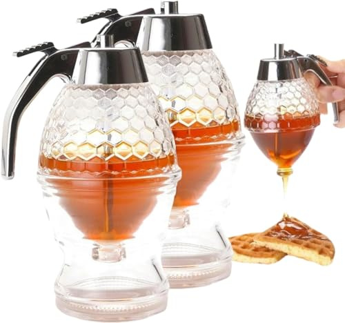 Easy Honey Dispenser Kettle, 2024 Upgrade Acrylic Honey Dispenser No Drip Syrup Dispenser with Stand, Ease to Ues High Capacity Transparent Honey Jar Container Kitchen Gadgets (2pcs)