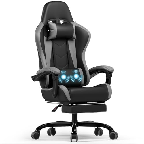 Devoko Ergonomischer Gaming Stuhl mit Massagefunktion und ausziehbarer Fußstütze, verstellbare Rückenlehne 90-135°, Komfortabler Bürostuhl für Home Office, Computersessel 150kg Belastbarkeit, Grau