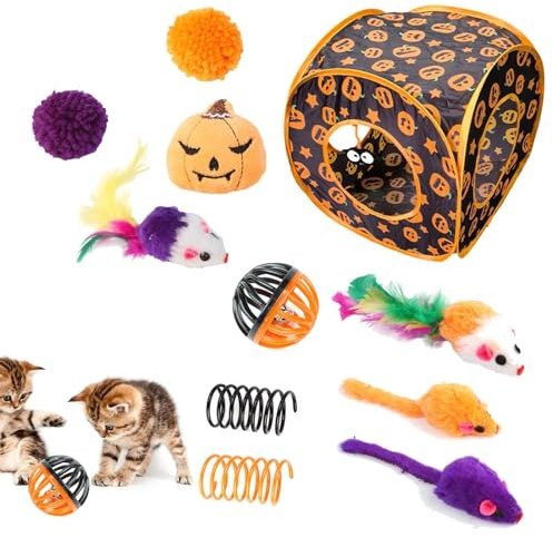 Kattset, kattungeleksaker, set med kattleksaker, halloweenpumpakub, kattleksaker set, kattgömma, lektunnel, interaktiva kattunge-leksaker för kattungar