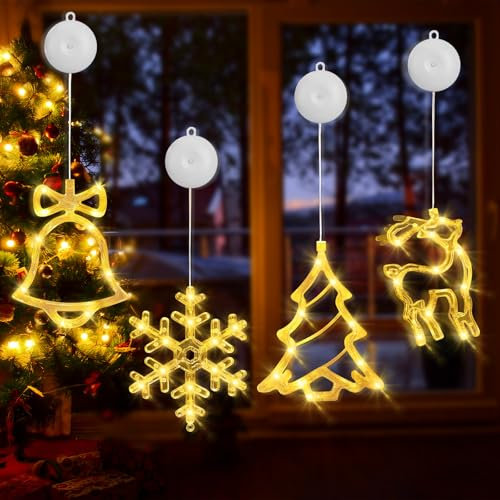 Hillylolly Luces de Navidad para Ventana - 4 Piezas Decoración Navideña con Pilas, Cortina de Luces Interior (Copos de Nieve)