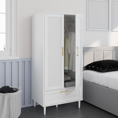 ALBSL Bedroom Armoire Wardrobe Closet with Hanging Rod,60 2 Door Almirah for Clothes with Drawers,Morden Storage Cabinet,White