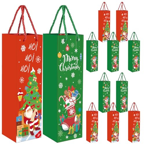 POPOYU 12Pcs Christmas Bottle Gift Bags,Christmas Wine Kraft Paper&Bags Champagne GiftBags,Xmas Wine&Bottle Bag with Handles Xmas Bottle Carrier Bag for Hostess&Gifts,Wine,Whiskey,Spirits