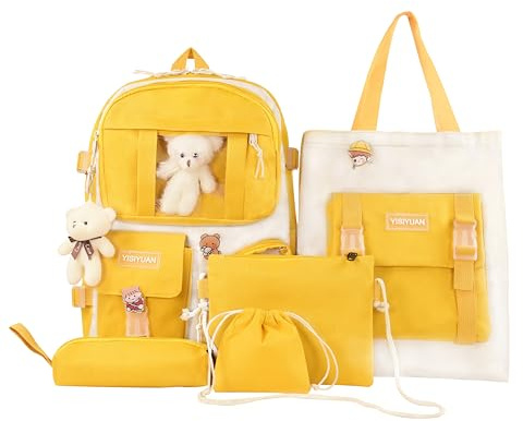 Lifelix Kawaii Backpack for Girls 5 Pcs School Bookbag Cuet Kids Schoolbag with Accessories Crossbody Bags Pencil Case Handbag Coin Purse (Yellow)