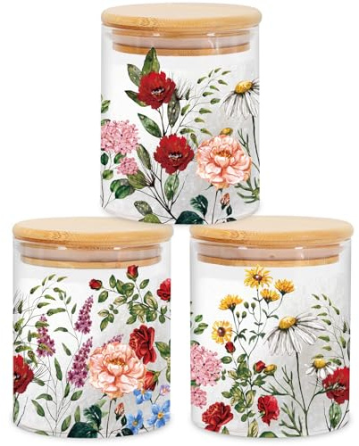 JarThenaAMCS 3Pcs Vintage Floral Glass Storage Jars with Airtight Lid Wildflower Decorative Canisters Sets for Cookie Spring Summer Farmhouse Home Kitchen Countertop