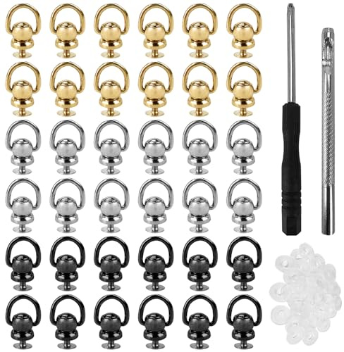 75 Pcs D Ring Stud Screw, D Type Round Head Rivet, D Ring Stud Screw Rivets, with Screwdriver, Hole Puncher, Washer, Studs Rivets for Leather Purses, Mobile Phone Bags, Clothing (Gold,Silver,Black)