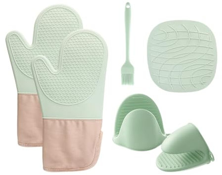 Lot de 6 Gants de Cuisine résistants à la Chaleur - Accessoires de Cuisine - Gants de Four - Maniques en Silicone antidérapant - avec Dessous de Plat, Pot et Crochet adhésif et Brosse