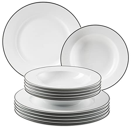 Mäser, Série Nola - Service de table moderne pour 6 personnes - Blanc avec bord noir - 12 pièces avec assiettes plates et assiettes creuses - Service de table rond - Blanc
