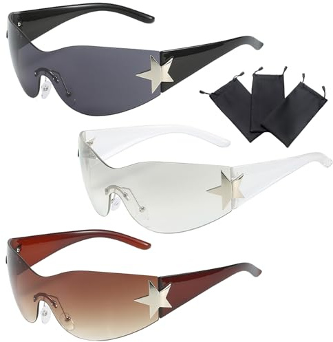 Hachera 3 Pièces Lunettes De Soleil Y2k Enveloppant, Lunettes De Soleil Sans Monture, Lunettes De Soleil Sans Monture Pour Femme Homme Protection Uv Convient Pour l'Extérieur, La Plage
