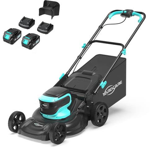 YARDCARE Akku Rasenmäher mit 7 Schnitthöhen, LED-Display, Mulchkeil, bis zu 675㎡ Rasen, Sichelmäher mit 2 Akku & 2 Ladegerät, 41cm Schnittbreite, 45L Grasfangsack, Einstellbare Griffhöhe