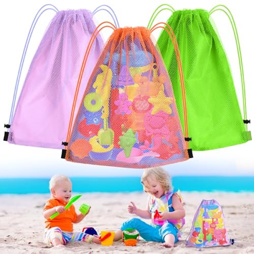 Borsa Giochi Spiaggia, 3 PCS Borsa da Spiaggia in Rete con Coulisse, Sacca Porta Giochi Spiaggia, Pieghevole Zaini con Coulisse, per Vacanze al Mare, Viaggi in Famiglia, Nuoto