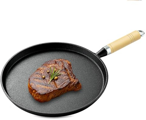 bechoanigel Poêle en fonte,20cm Ronde En fonte Avec poignée en bois,Antiadhésive Pré-cuite,Cast Iron pan pour Cuisson au gaz, Barbecue, Camping et Cuisine en Plein air