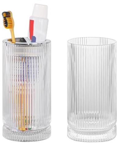 Tonxus Toothbrush Holders for Bathrooms, 2pcs Clear Glass Toothbrush Holder, 14oz Bathroom Tumbler and Mouthwash Cup, Silver Tooth Brush and Toothpaste Organizer for Bathroom Vanity Countertop Decor