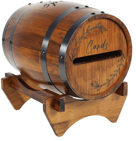Wedding Card Box for Reception Wooden Whiskey Barrel Shape Wedding Post Box for Envelope Card and Money, Brown Rustic Gift Cards Holder fit Weddings Graduation Bridal Shower Birthday Party Decor
