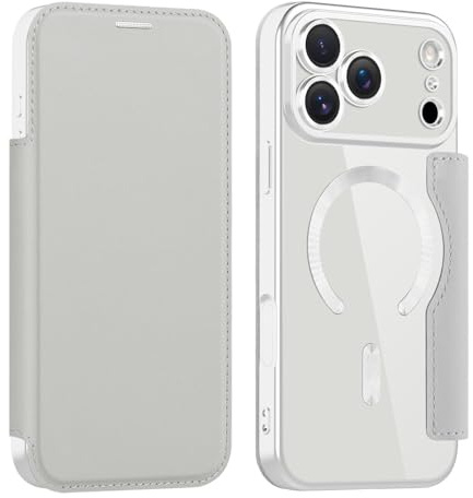 Unichthy Magnetic Flip Case for iPhone 17 Pro Max Clear Cover |RFID Blocking| Wallet Purse Shockproof Leather Stand Cover Individual Protection for Each Lens Phone Skin for iPhone 17 Pro Max Grey