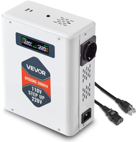 VEVOR Spannungswandler aufwärts, 3000 VA, Hochleistungs-Stromwandler, 110 V auf 220 V Leistungstransformator, mit 2 EU-Steckdosen, USB-Ausgang, LCD-Display, Temperaturschutz, für 220-V-Geräte