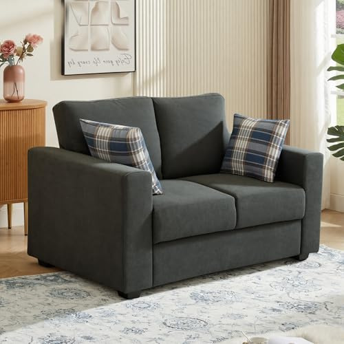 Panana Modern 2 Seater Sofa, Fabric Loveseat with 2 Plaid Accent Pillows, Compact Living Room Settee Couch (Grey, 2 Seater)