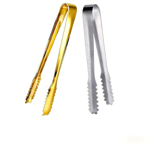2Pcs Stainless Steel Gold Ice Tongs,Gold Mini Serving Tong for Bar Ice Bucket, Stainless Steel Ice Sugar Tong, for Salad, Steak, Appetizer, Small Food(Golden, Silver
