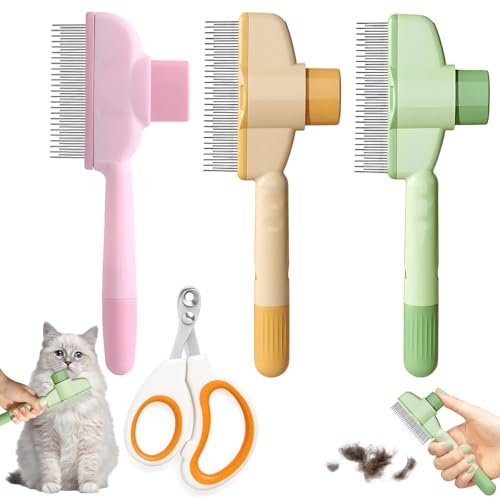 Set of 4 Brush, Fur Flash Brush Cat and Cat Brush, Long Hair, Professional Hair Brush for Cats with Nail Scissors, There are 3 Colours of Cat Brush, Pink, Green and Yellow