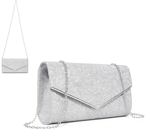 Clutch Silber, Abendtasche Damen, Tasche Silber, Tasche Damen - Shiny Fabric, Reinforced Chain, Large Space, Card Storage, Suitable for Banquets and Weddings, A Great Gift for Female Friends