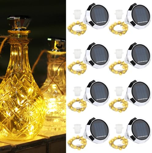 Nzkeuf catena di luci a bottiglia con tappo, 8 pezzi solari per esterni, 20 LED 2M di illuminazione per bottiglie, catena luminosa per bottiglie di vino per fai da te, festa, giardino, matrimonio
