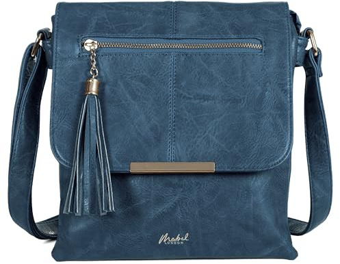 Mabel London Women’s Crossbody Bag - Multi-Compartment Faux Leather Shoulder Bag with Adjustable Strap and Multiple Zip Pockets - Maya (Design 2 - Medium Navy)