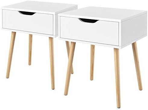 Yaheetech 2 Piezas Mesillas de Noche Dormitorio Nordica Mesitas de Noche Blancas con Pata Madera Maciza Mesa Auxiliar con Cajón 48,5x41x57,5cm para Dormitorio Sala de Estar Salón