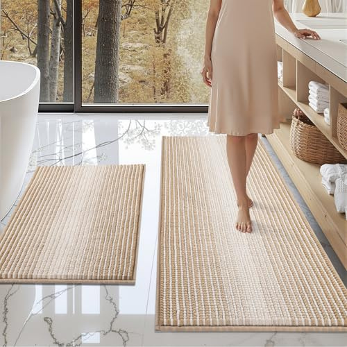 BSICPRO Bathroom Rugs and Mats Sets, 2 Piece Thick Absorbent Chenille Bath Mat Rug Set Non Slip, Soft Shaggy Bath Floor Mats for Bathroom, Machine Washable (20 x 47 Plus 16 x 24, Beige)