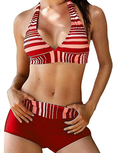 Blingko Maillot De Bain Natation Femme 2 Pieces Shorty Col V Ensemble Maillots Grande Taille Tankinis Taille Haute Rembourré Triangle Maillot de Bain Ventre Plat Imprimé Rétro Bikini Beachwear