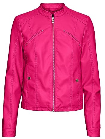 VERO MODA Chaqueta de ecopiel básica con cuello coreano y bolsillos con botones a la vista., fucsia, S