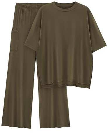KIRUNDO 2 Piece Lounge Sets for Women Airport Travel Vacation Outfits Summer Casual Loose Short Sleeve Tops & Wide Leg Pants(Army Green, Large)