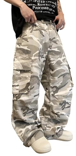 DFGIGT Mens Denim Baggy Pants with Cargo Pockets Mid Weight Casual Streetwear Wide Leg Jeans Hip Hop Skater Trousers Street Wear Jinco Y2k 2000s Straight Relaxed Loose Camouflage,E15 Camo,Small