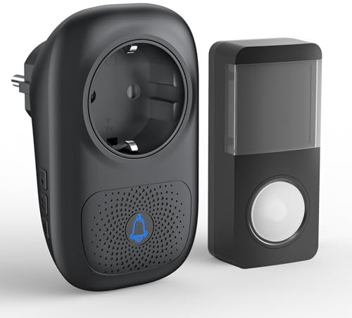 Sonnette sans Fil Exterieur Etanche, JeaTone Sonnette de Porte IP55 Étanche Carillon Electronique, Sonnette de Porte avec Fonction de Charge, 150M, 58 Mélodies, 4 Niveaux de Volume, Lumière LED, Noir