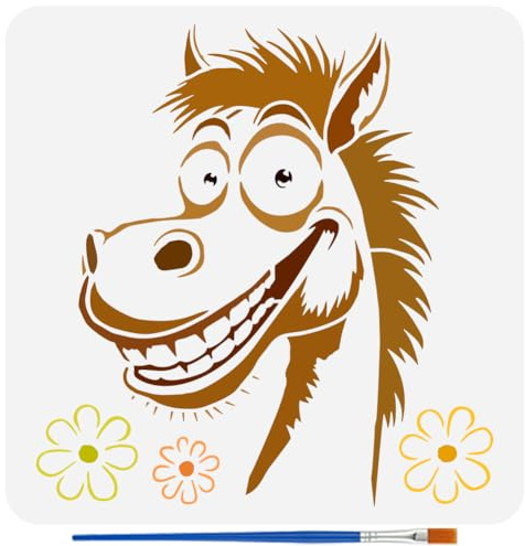 FINGERINSPIRE Stencil Divertente Cavallo per Dipingere con Pennello 30x30cm Modello in Stile Cartone Animato Motivo a Fiori di Cavallo Scavato Modello Tema Animale in Plastica per Decorazione Murale