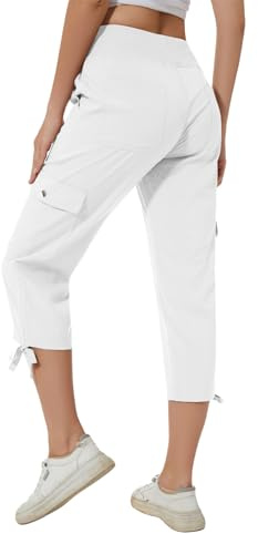 Huayuzh Shorts Womens Walking Cargo 3/4 Length Hiking Shorts Lightweight Summer Capri Cropped Outdoor Trousers Pockets White M