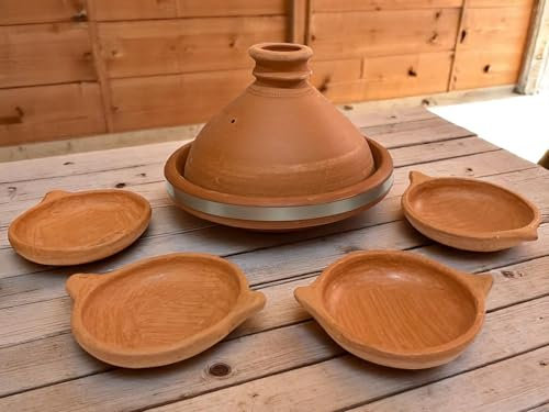 Servizio Tajine 5 pezzi - 4 persone- Tajine Ø 26 e i suoi 4 piatti - Artigianato e traduzione del Marocco - Autenticità e Viaggio (Tajine Berbère)
