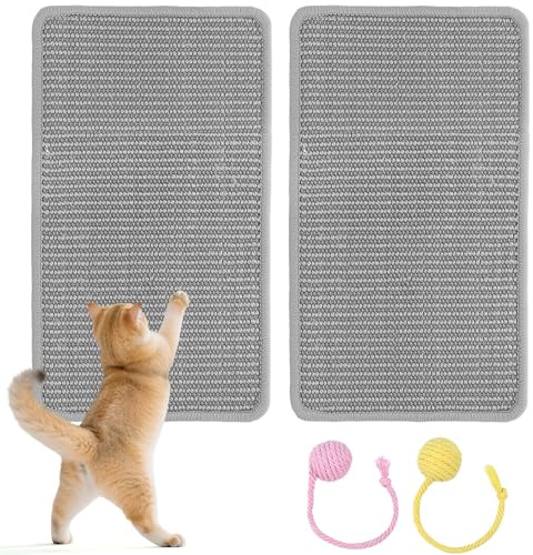 PlsMupn Alfombrilla Rascador para Gatos 2 Piezas 50x25 cm Alfombra Rascadora de Sisal Natural con Bola de Juguete, Autoadhesiva, para Sofá, Pared, Puerta – Protección contra Arañazos y Desgaste – Gris