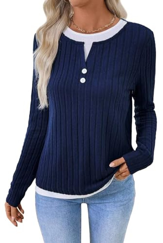 Awinclo Womens Long Sleeve Knitwear Jumper Crewneck Color Block Slim fit Top with Buttons Sweater Casual Striped Sweatshirt Fall Outfit for Women UK Navy Blue X-Large