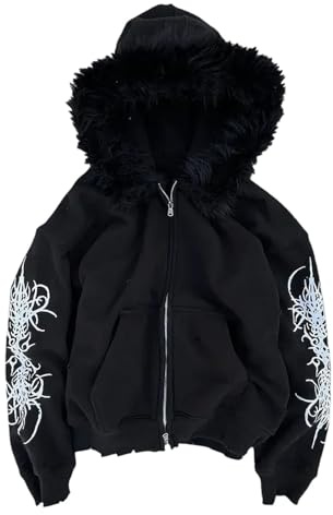 Y2K Vintage huvtröja med dragkedja med pälshuva, 2000-tals tryck överdimensionerad anime streetwear sweatshirt gotisk punk unisex lätt vardaglig pullover för män kvinnor