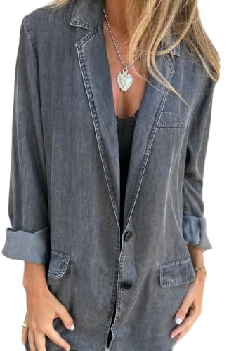 Dam Jean Blazer jacka överdimensionerad passform knapp framkappa | Jean kostymjacka, vardaglig kontorsstil, trendig denim ytterkläder, bekväm lös silhuett