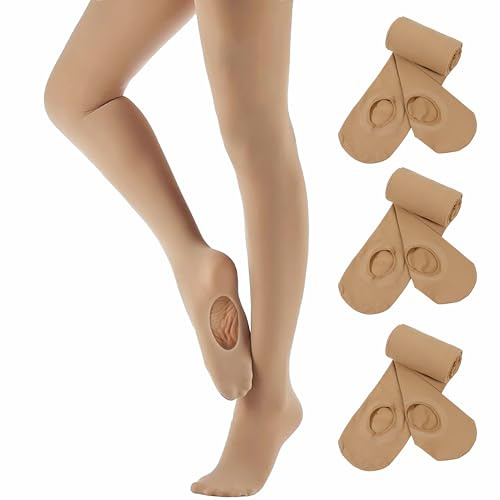 Women Convertible Ballet Tight 3 Pairs High Elastic Transition Pro Dance Tights Ultra Soft Ballerina Tight Semi-opaque Knit Footed Leggings