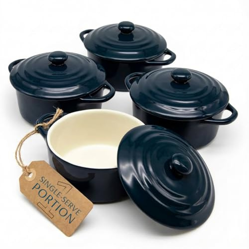 Kook Mini-Kokotte-Set aus Keramik, kleine Auflaufformen mit Deckel und Griffen, einzelne Auflaufförmchen, ofenfest, mikrowellen- und spülmaschinenfest, Steingut, 340 ml, 4 Stück, Marineblau