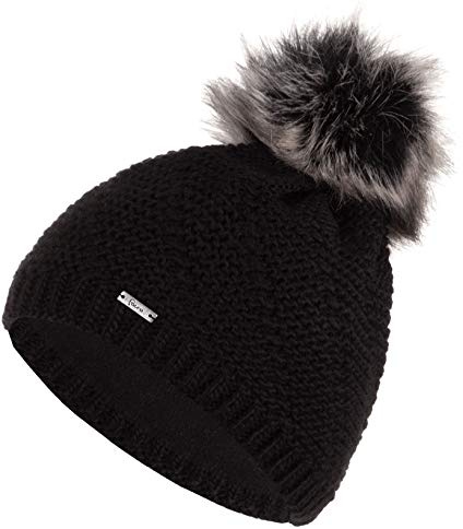 Faera Wintermütze Mütze Damen warm gefüttert Kunstfell Bommelmütze Fleecefutter Winter Herbst Strickmütze Beanie Mädchen 64, Farbe:Schwarz