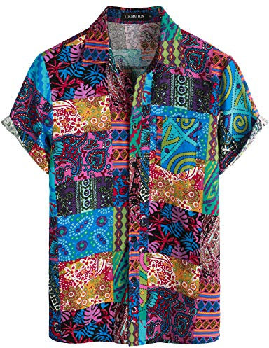 LucMatton Men's Summer Linen Boho Floral Print Short Sleeve Button Down Hawaiian Beach Shirts Blue Pink X-Large