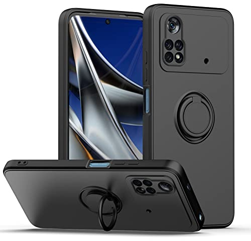 XINYEXIN Coque Silicone Liquide pour Xiaomi Poco M4 Pro 4G (6.43), 360° Ring Stand Case Silicone Cover Droit Bord Housse Étui Antichoc avec Lanyard - Black