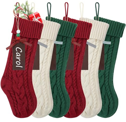 KaKaPops Christmas Stockings, 18 Inches Christmas Stocking with Name Tags Cable Knitted Stocking Decorations for Holiday Party Decor (2pcs Burgundy + 2pcs Green + 2pcs Ivory)